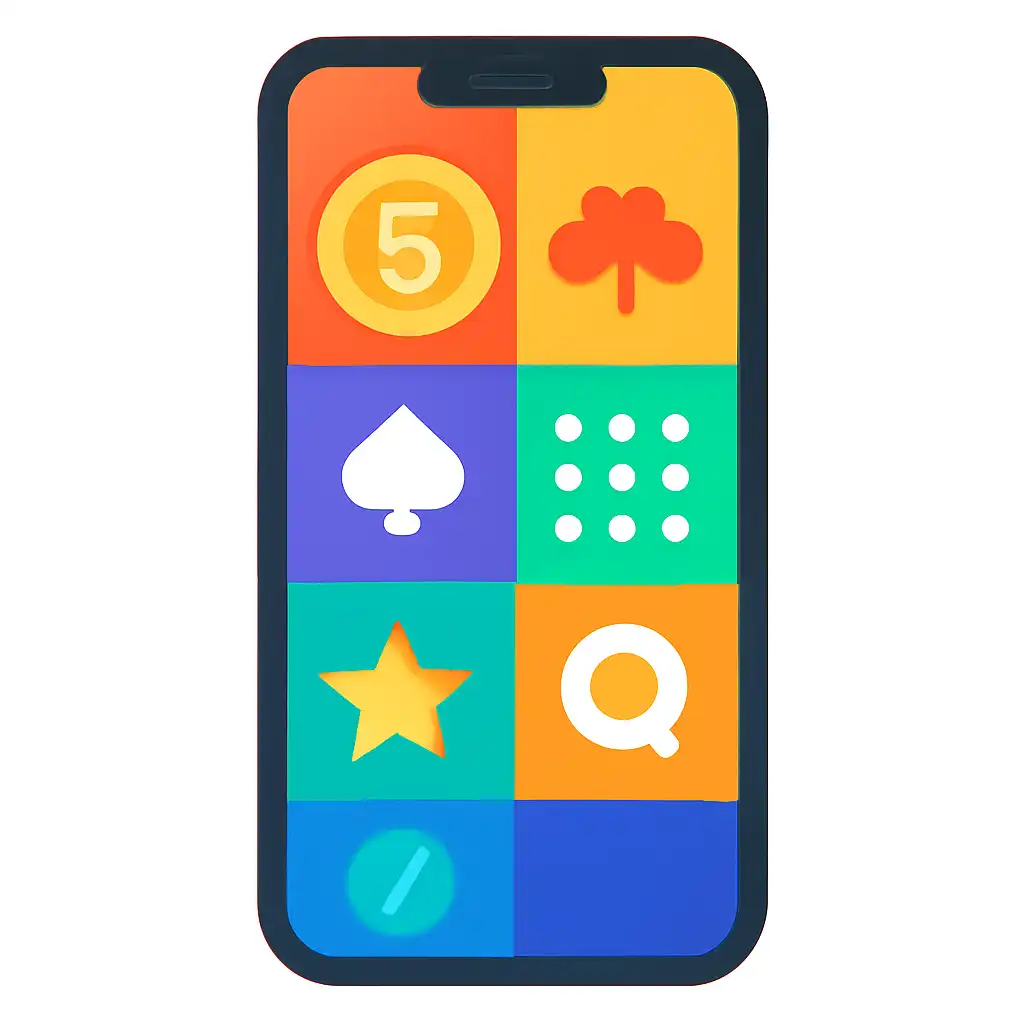 Smartphone shown from the front displaying a colourful flat layout of abstract game icons and rounded tiles (no text, no letters, no labels), 55 Lottery