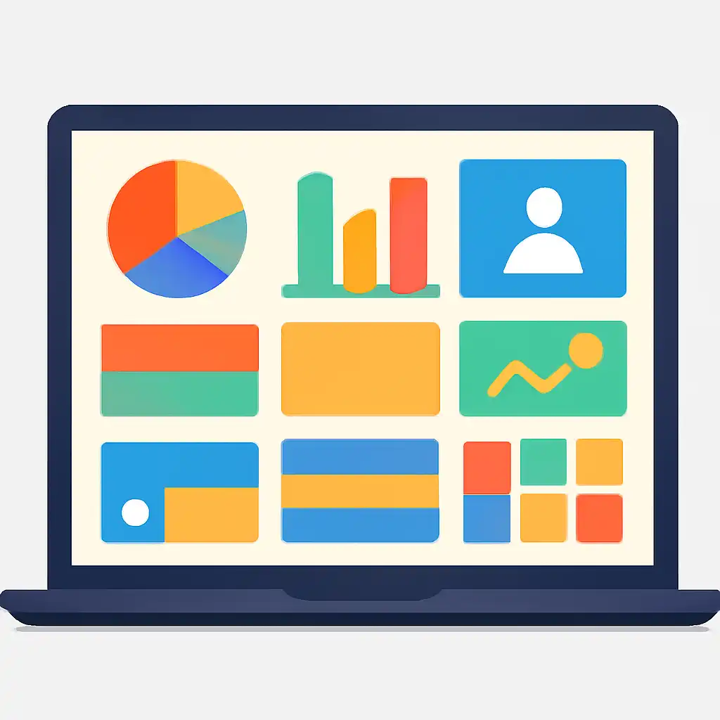 Laptop shown from the front displaying a colourful flat dashboard of abstract charts, bars and icon tiles (no text, no letters, no labels), 55 Lottery