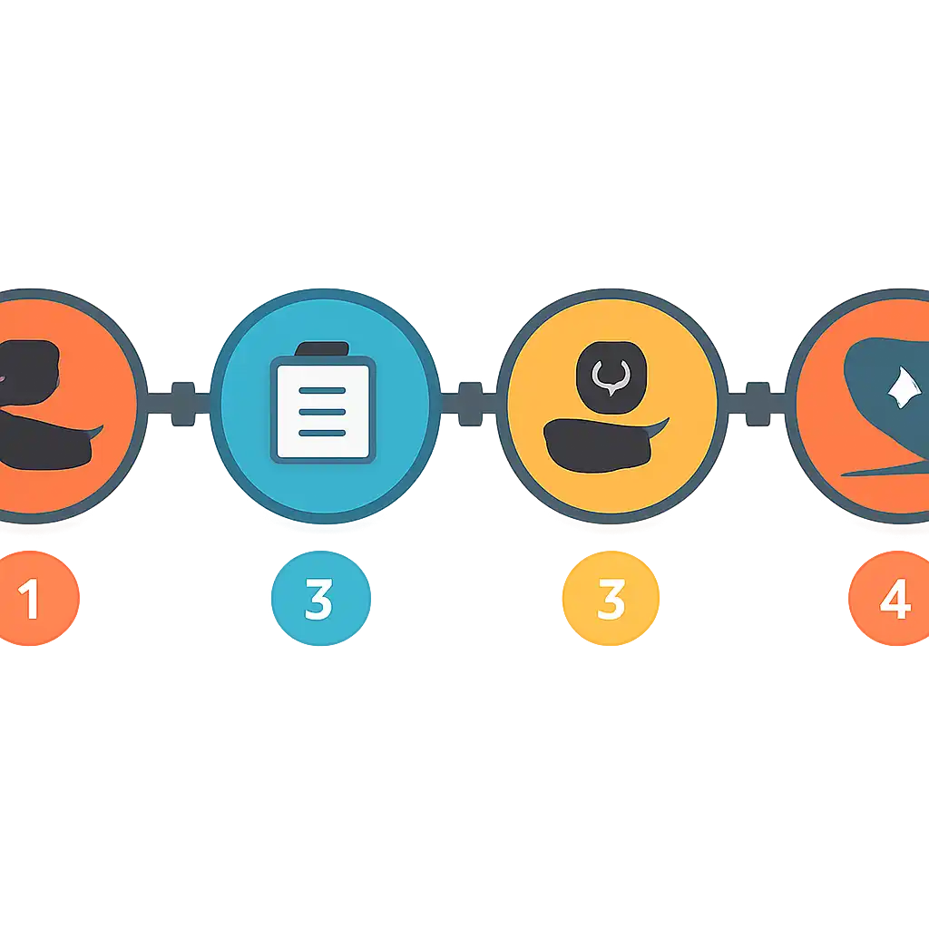 Five numbered circular icons connected by arrows in a horizontal flow, flat illustration, icons only, no words, 55 Lottery steps